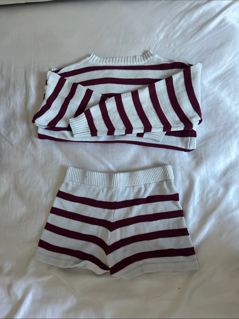Women Striped Knit Shorts in White and Burgundy